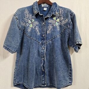 Vintage 90s Pretty Bleu Shirt Womens Large Denim Embroidered Western Cottagecore